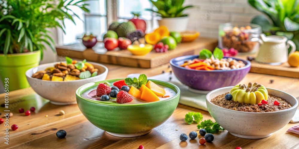 Colorful Smoothie Bowls with Fresh Fruits on Bright Kitchen Countertop Colorful Smoothie Bowls with Fresh Fruits on Bright Kitchen Countertop