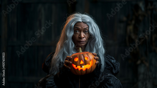 Charming elderly woman in black dress holding pumpkin lantern and looking at camera on Halloween day while standing on black background