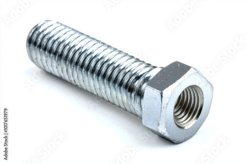 A metallic bolt with threads and a hexagonal head, commonly used in construction and machinery for fastening components.