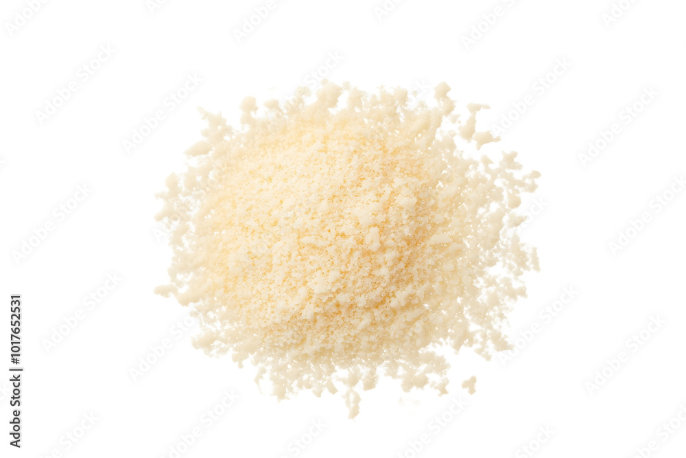 Parmesan cheese grated isolated on white, top view Parmesan cheese grated isolated on white, top view