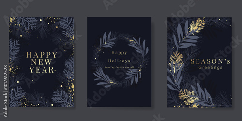 Luxury Happy Holidays invitation card design vector. Elegant Happy New Year card with leaves branch, gold foil texture on dark gray background. Design for Season's Greeting, christmas, cover, poster.
