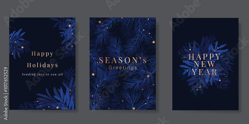 Luxury Happy Holidays invitation card design vector. Elegant Happy New Year card with leaves branch, gold foil texture on navy blue background. Design for Season's Greeting, christmas, cover, poster.