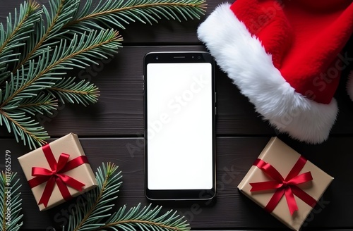 Smartphone mockup on a dark background santa's hat, fir branches and christmas gifts. Christmas shopping online concept.  smartphone with blank display screen with mockup copy space.