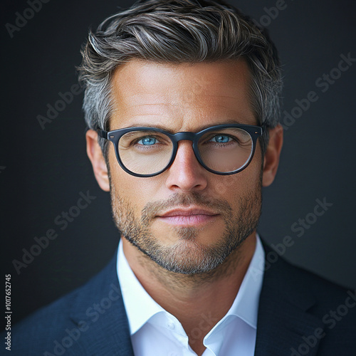 man in business clothes, photo for business card male 30+ European, light skin blue eyes, regular oval face, gray short hair, glasses with heavy dark frames