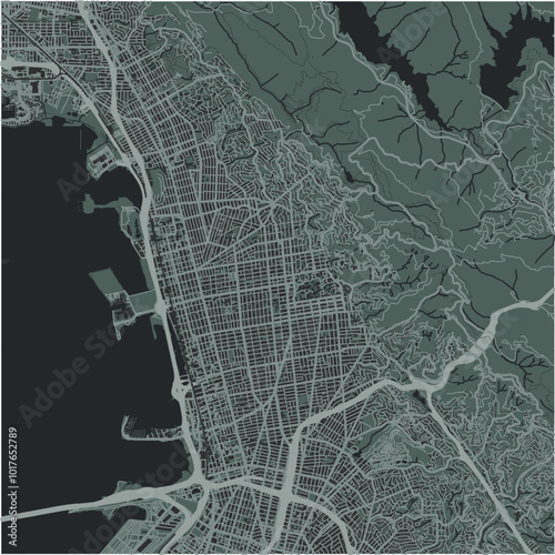 Map of Berkeley in California in a smooth dark style. Contains layered vector with roads water, parks, etc.