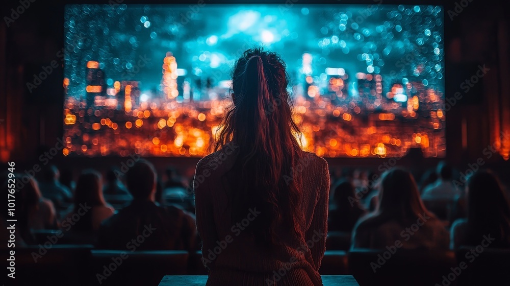 A person watches a vibrant cityscape on a large screen in a dimly lit theater. A person watches a vibrant cityscape on a large screen in a dimly lit theater.