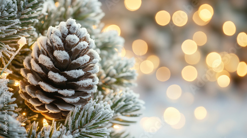 Christmas Scene. Close-up of frosted pinecone among snow-covered pine branches, with warm glowing holiday lights softly illuminating, creating a cozy atmosphere. Image made using Generative AI.