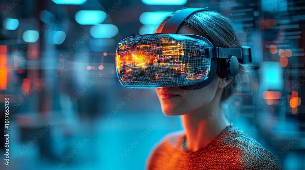 A person wearing a virtual reality headset in a futuristic environment.