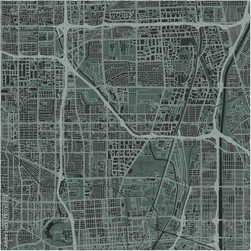 Map of Carson in California in a smooth dark style. Contains layered vector with roads water, parks, etc.