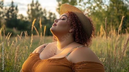 Body-positive overweight woman in nature Frequently used in lifestyle photography and wellness campaigns that focus on natural beauty and outdoor activities. photo