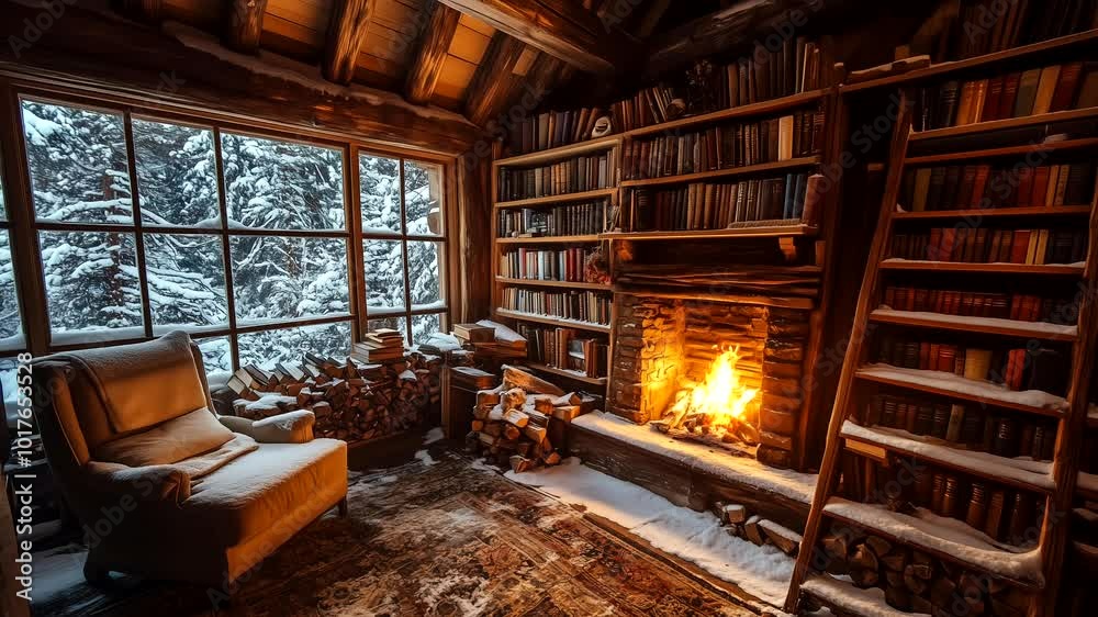 Cozy cabin library with a glowing fireplace, wooden shelves, and snow-covered trees visible through the window. Rustic winter retreat concept. Seamless time-lapse animation video background Cozy cabin library with a glowing fireplace, wooden shelves, and snow-covered trees visible through the window. Rustic winter retreat concept. Seamless time-lapse animation video background