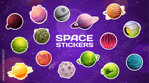 Galaxy space planets stickers, cartoon alien earth in starry sky, vector icons. Space planets stickers with galactic landscape surface of lava or craters and nebula of extraterrestrial cosmic sun
