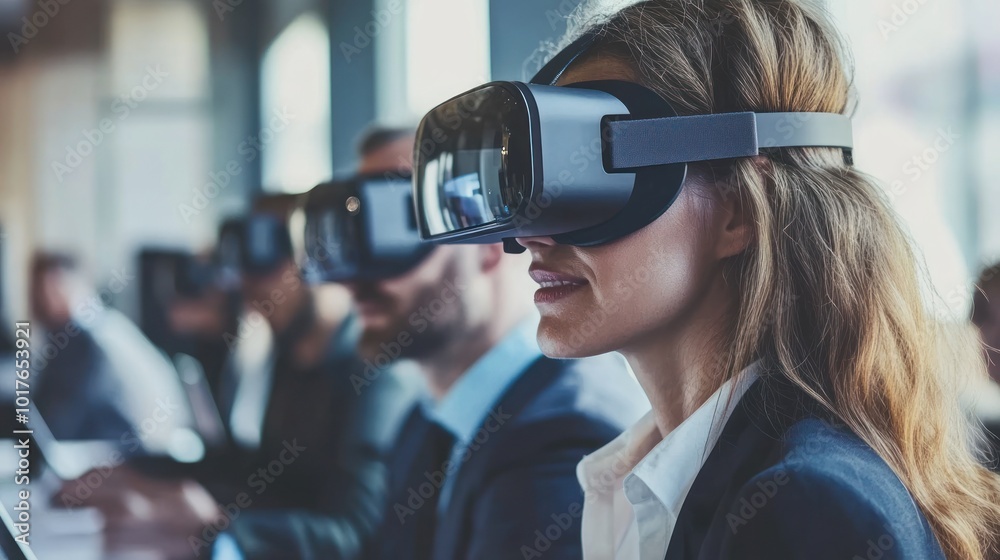 Business people in virtual reality settings A forward-thinking term emphasizing the use of VR in business, particularly for training, meetings, and presentations. Business people in virtual reality settings A forward-thinking term emphasizing the use of VR in business, particularly for training, meetings, and presentations.