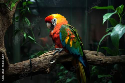 A peaceful image of a recently rescued exotic bird resting in a comfortable, naturalistic enclosure designed for its recovery.