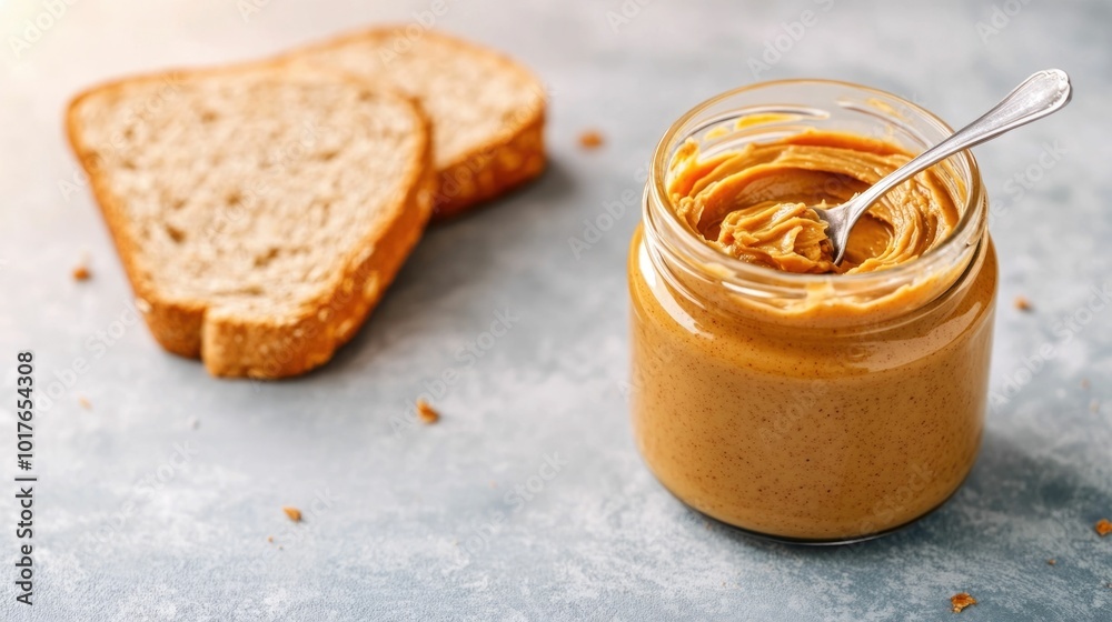 Organic creamy nut butter spread on freshly sliced artisanal bread in a minimalist studio style setting with a glass jar and deep depth of field A healthy Organic creamy nut butter spread on freshly sliced artisanal bread in a minimalist studio style setting with a glass jar and deep depth of field A healthy