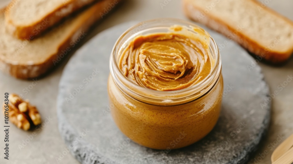 Detailed 3D showcasing an artisanal organic nut butter spread delicately layered onto crisp golden toast  The smooth gooey texture and warm tones create a visually still life composition