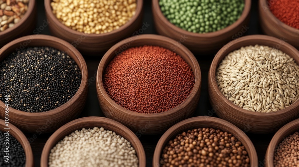 Assorted organic grains legumes seeds and nuts displayed in a variety of wooden bowls with a deep depth of field in a 3D background Showcasing a healthy natural and culinary concept Assorted organic grains legumes seeds and nuts displayed in a variety of wooden bowls with a deep depth of field in a 3D background Showcasing a healthy natural and culinary concept
