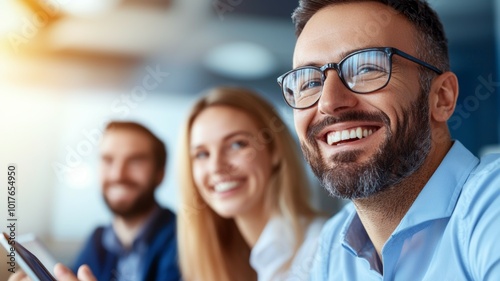 Group of smiling professionals engaged in a collaborative meeting during daylight hours