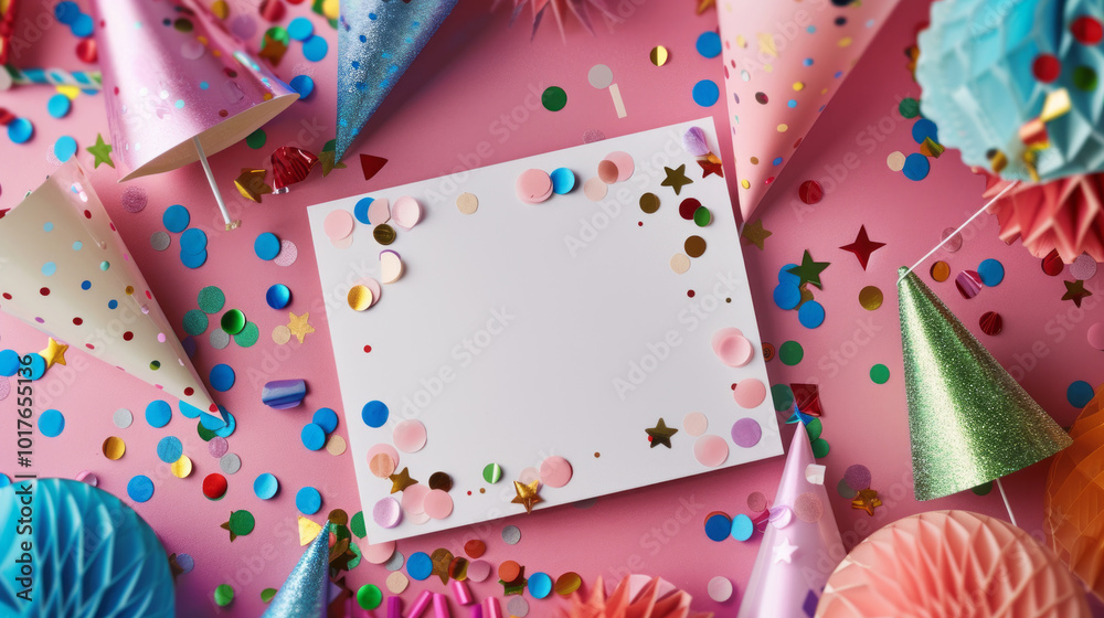 Obraz premium Blank holiday cards surrounded by festive party hats and decorations