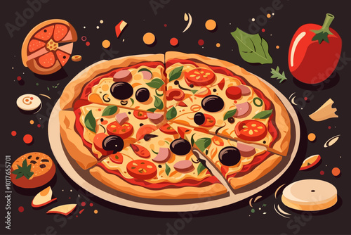 illustration of pizza with cheese, tomatoes and herbs