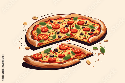 illustration of pizza with cheese, tomatoes and herbs