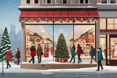 Holiday shopping was a significant activity, with many people visiting local shops Christmas window displays illustration