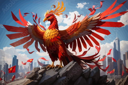 phoenix with the flag of china behind illustration