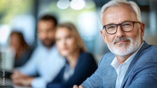 Confident business professional discussing strategy in a corporate meeting room with team members