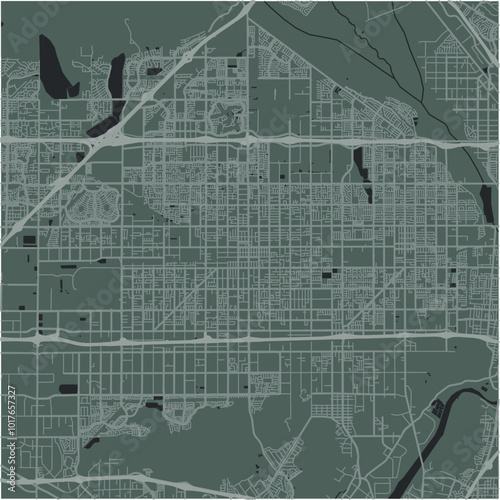 Map of Fontana in California in a smooth dark style. Contains layered vector with roads water, parks, etc.