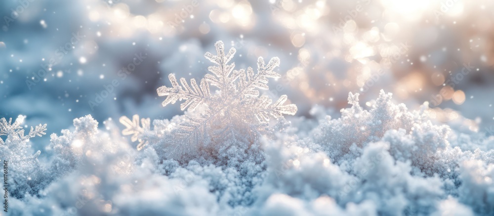 A large snowflake rests on a bed of freshly fallen snow, with a soft, blurred background of a wintery scene. A large snowflake rests on a bed of freshly fallen snow, with a soft, blurred background of a wintery scene.