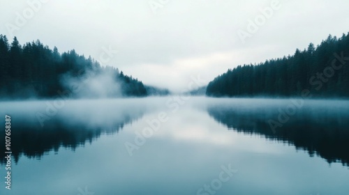 Fototapeta Naklejka Na Ścianę i Meble -  Drifting fog gently embraces a still mirror like lake at the break of dawn creating a hauntingly beautiful ethereal landscape shrouded in mystery and silence  The serene
