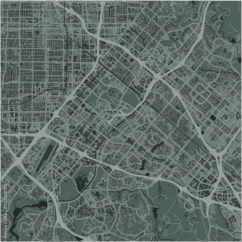 Map of Irvine in California in a smooth dark style. Contains layered vector with roads water, parks, etc. Map of Irvine in California in a smooth dark style. Contains layered vector with roads water, parks, etc.