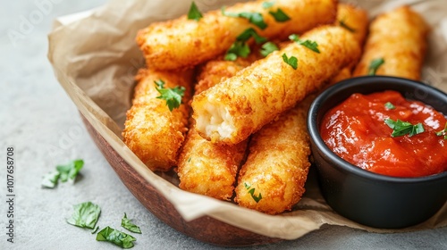 Breaded cheese sticks with ketchup tomato sauce