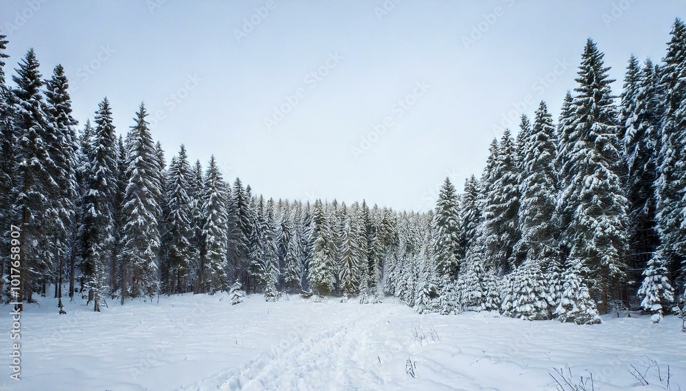 Frosty winter landscape in snowy forest. Christmas background with fir trees and blurred