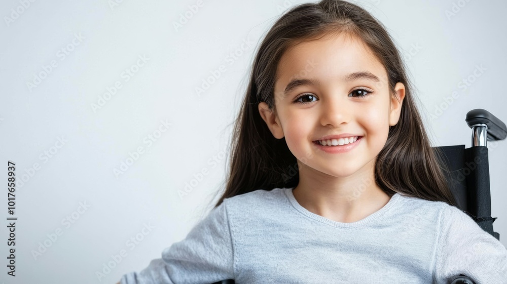 A smiling girl in a wheelchair with long hair, wearing a gray shirt, is enjoying a moment of positivity in a bright indoor setting A smiling girl in a wheelchair with long hair, wearing a gray shirt, is enjoying a moment of positivity in a bright indoor setting