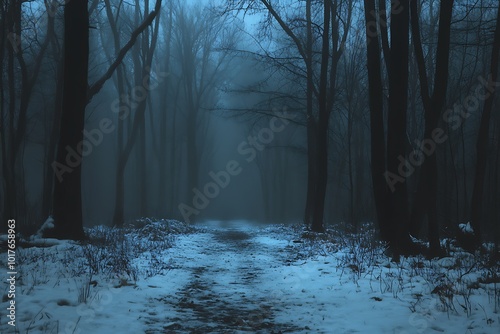 Mysterious forest path shrouded in fog and snow.