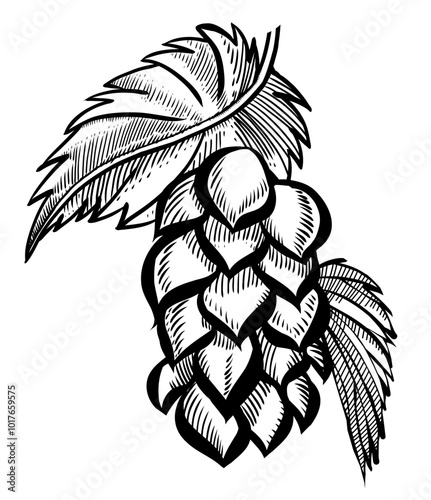 Hand drawn hop cone with leaves for beer brewery. Engraving vintage sketch vector illustration. Design elements for logo, emblem, restaurant menu, craft beer pub, brewery