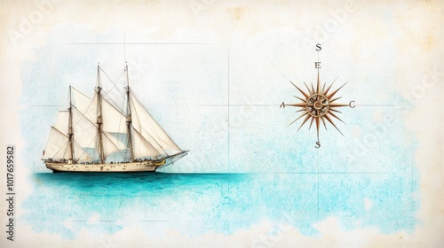 Vintage Sailboat with Compass in Tranquil Ocean Scene