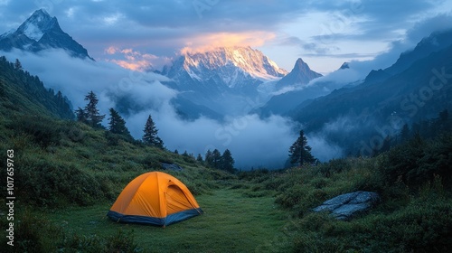 Serene camping scene in a mountainous landscape at dawn.