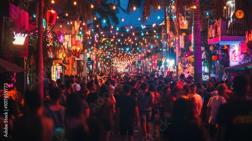 Crowded street during festival, vibrant with lights, music, and people celebrating together. photo