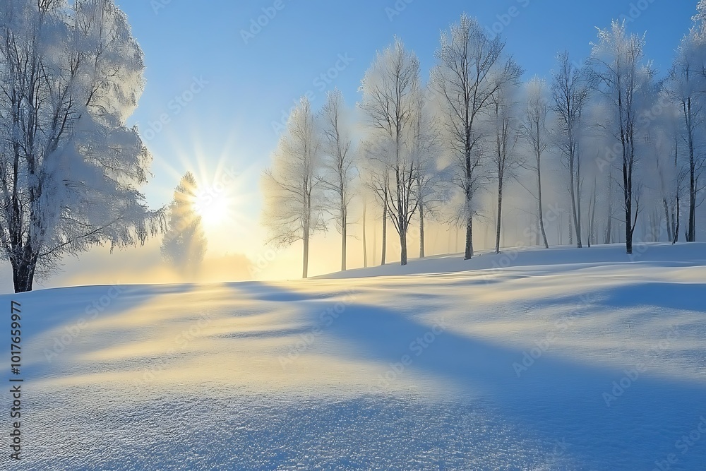 Serene winter landscape with sun and frosted trees. Serene winter landscape with sun and frosted trees.
