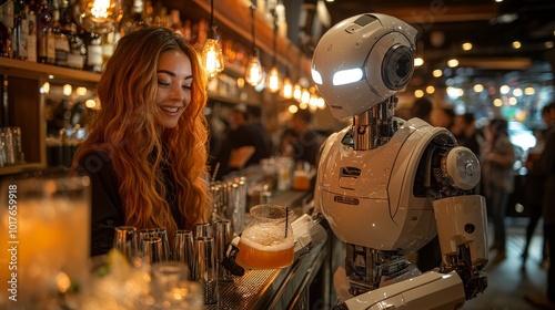 A robot bartender interacts with a smiling woman in a lively bar setting.