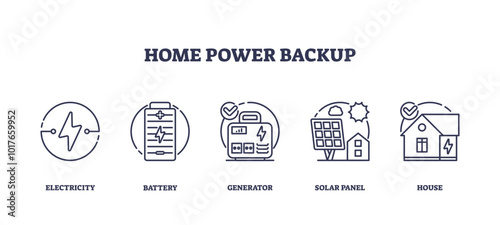 Home power backup icons outline key concepts like electricity, battery, and generator, transparent background. Outline icons set