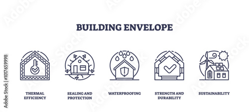 Building envelope icons depict thermal efficiency, sealing, waterproofing, durability, and sustainability, transparent background. Outline icons set.
