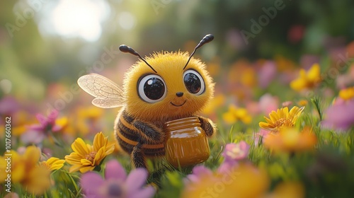 Cute Honey Bee in a Field of Flowers