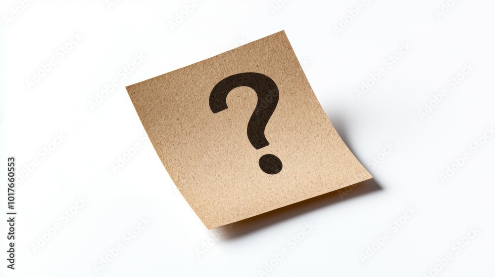 A brown paper note displaying a bold question mark leaning on a white surface, inviting curiosity and reflection on an unknown topic or inquiry A brown paper note displaying a bold question mark leaning on a white surface, inviting curiosity and reflection on an unknown topic or inquiry
