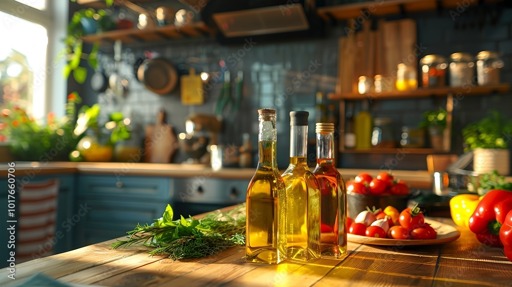 Three bottles of olive oil sit on a wooden table next to a plate of vegetables Three bottles of olive oil sit on a wooden table next to a plate of vegetables
