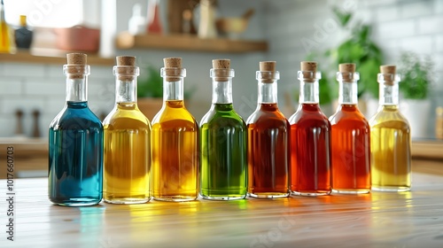 A row of colorful bottles of different colored liquids or coloring cooking oils on a table