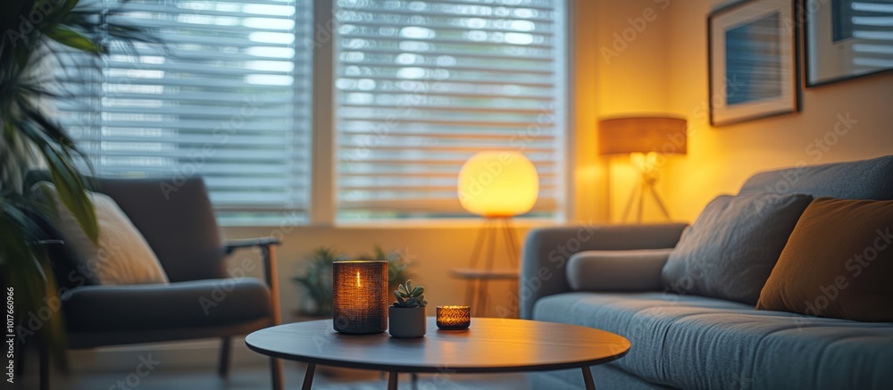 Cozy living room interior with a couch, armchair, coffee table, and lamps. Cozy living room interior with a couch, armchair, coffee table, and lamps.