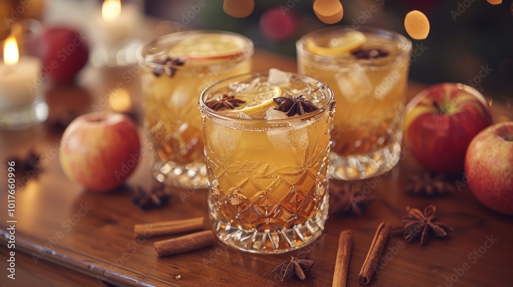 Seasonal autumn drinks with fresh apples and spices on a rustic wooden table during a cozy evening. Generative AI Seasonal autumn drinks with fresh apples and spices on a rustic wooden table during a cozy evening. Generative AI
